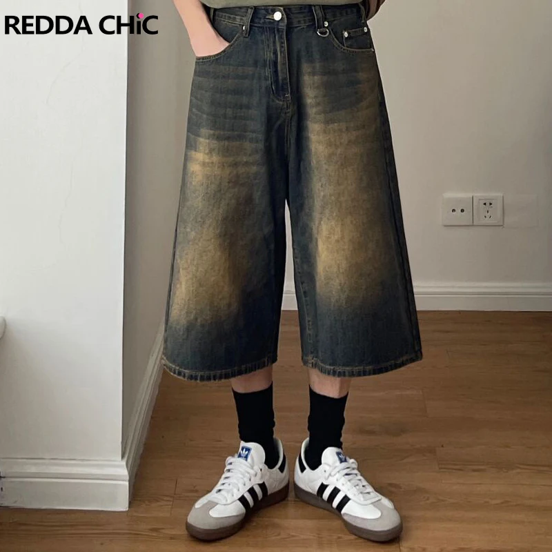 

ReddaChic Low Waist Men's Baggy Jorts Vintage Washed Cropped Jeans Casual Wide Leg Loose Denim Shorts Y2k Pants Hip-hop Trousers