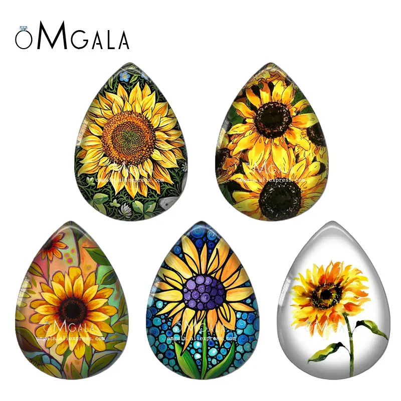 5pairs Fashion Beautiful Sunflowers Patterns 13x18/18x25mm Photo Glass Cabochon Flat Back For DIY Jewelry Making Findings