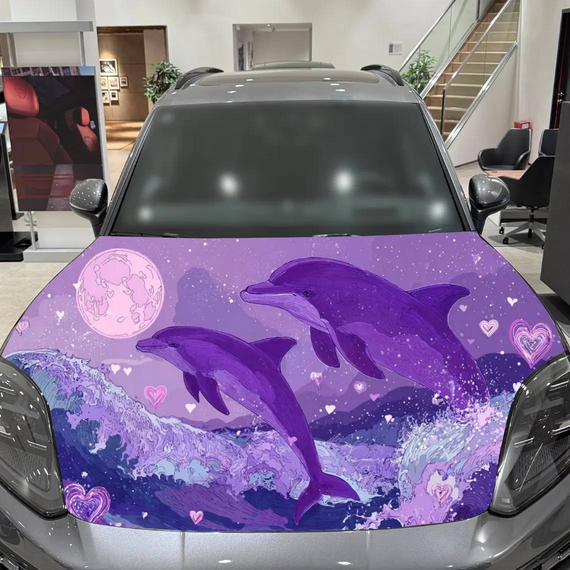Purple Dolphin Love Brave Adventure PVC Car Hood Wraps, Self-Adhesive Waterproof Car Bonnet Decal Sticker, Car Decoration Protec view 5