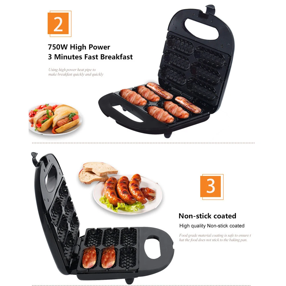 750W Electric Waffle Maker Sausage Grilling Machine Kitchen Corn Hot Dog Machine Breakfast Maker Non-stick Coated Home Appliance