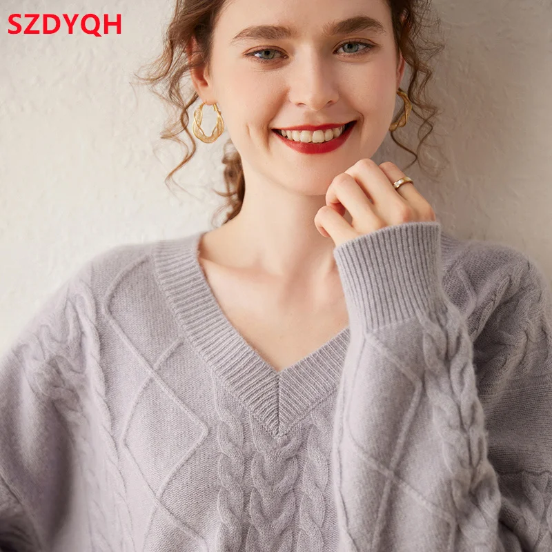 2023 Winter New 100% Cashmere Sweater V-neck Solid Color Women\'s Thicken Warm Pullover Female Loose Large Size Knitted Jumper