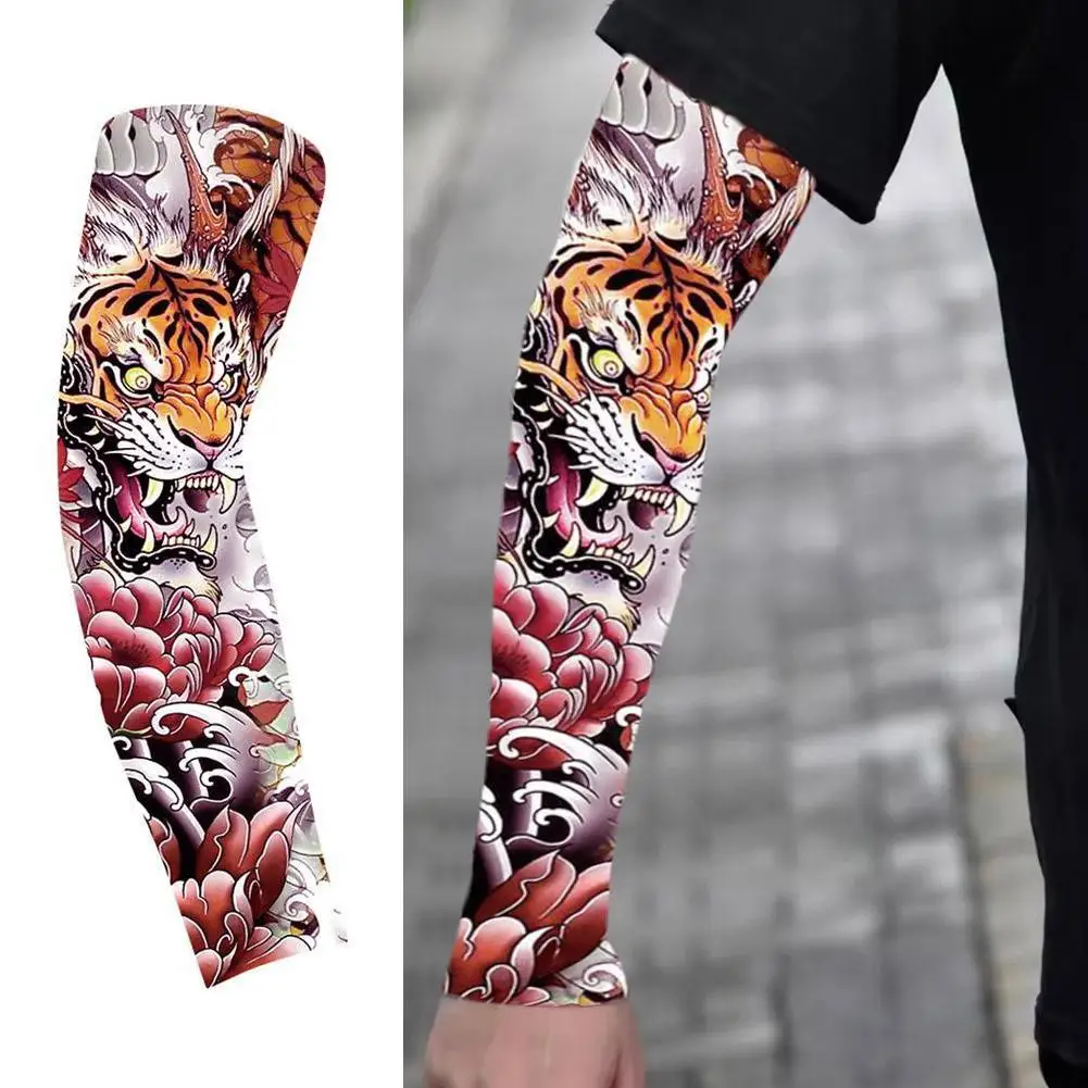 

Flower Arm Pattern Flower Arm Tattoo Sleeve Elastic Breathable Ice Silk Arm Sleeve Sunscreen Thin Men Sunscreen Sleeve