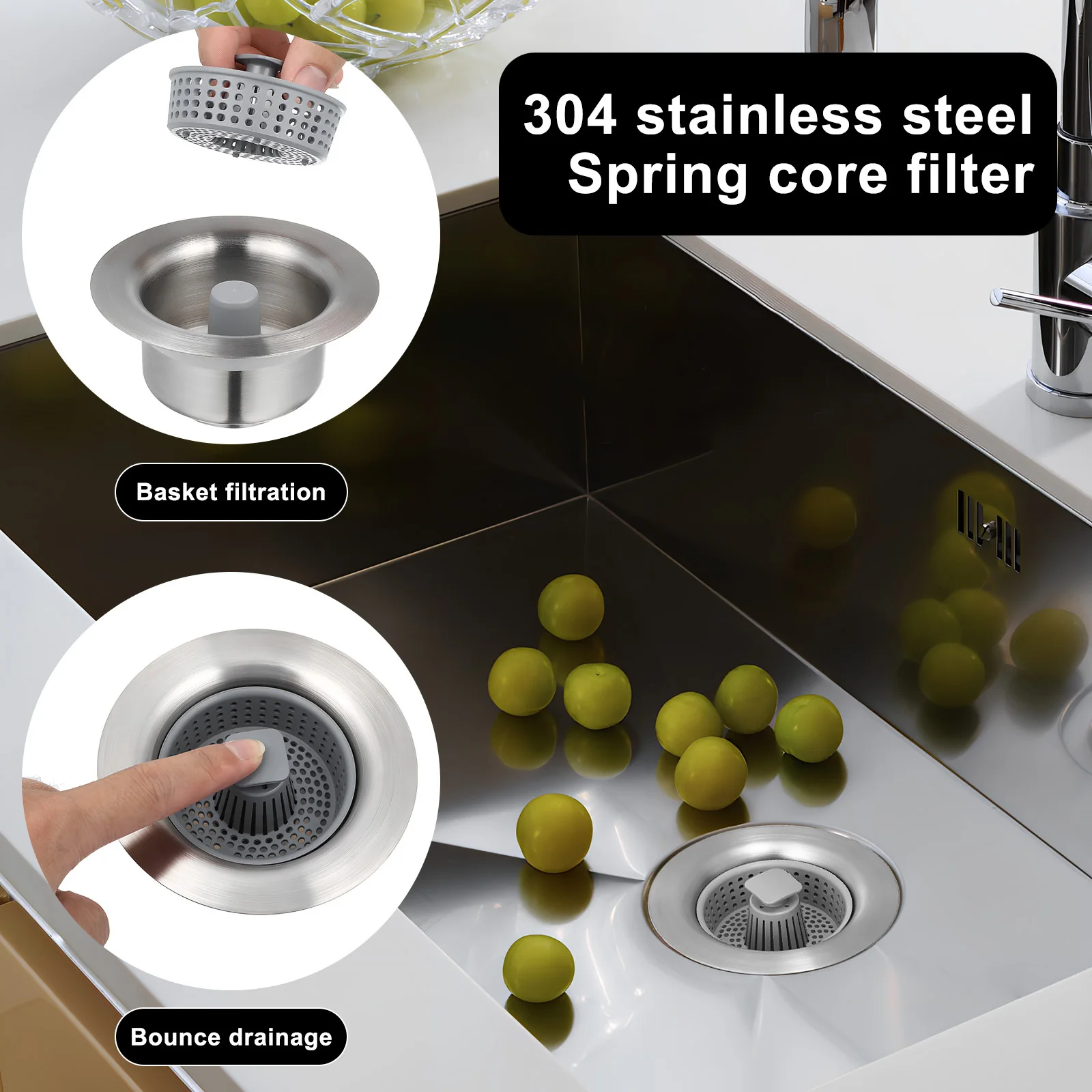 

Water Sink Bouncing Core Stainless Steel Strainer Universal Size Kitchen Sink Mesh Stopper Drain Basket Strainer