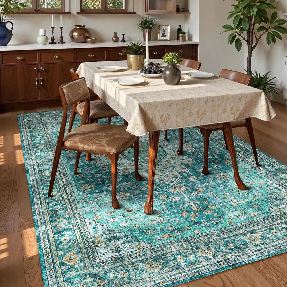 8x10' Persian-Style Washable Area Rug - Non-Slip, Durable, Teal & Gold for Home Decor