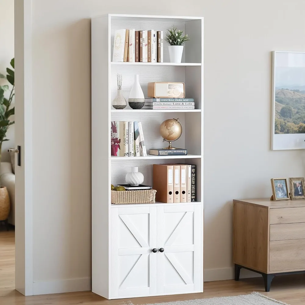 

6 Tier Bookcase and Bookshelf, Tall Book Shelf with Doors & Adjustable Shelves, Floor Display Storage Cabinet Home