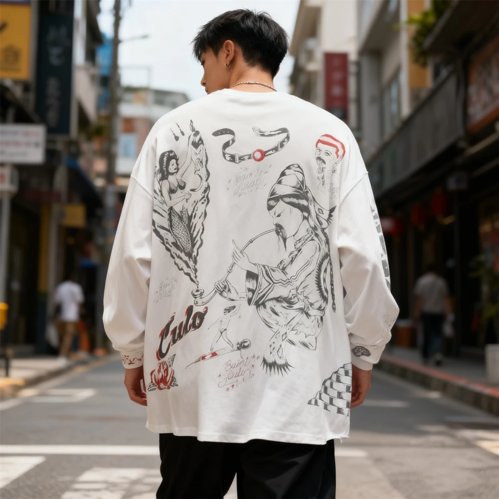KUCLUT Fashion 1:1 Japanese Style Vintage Clothing Hole Long Sleeves Tee Casual Loose Oversize Tops 100%Cotton T Shirt Men