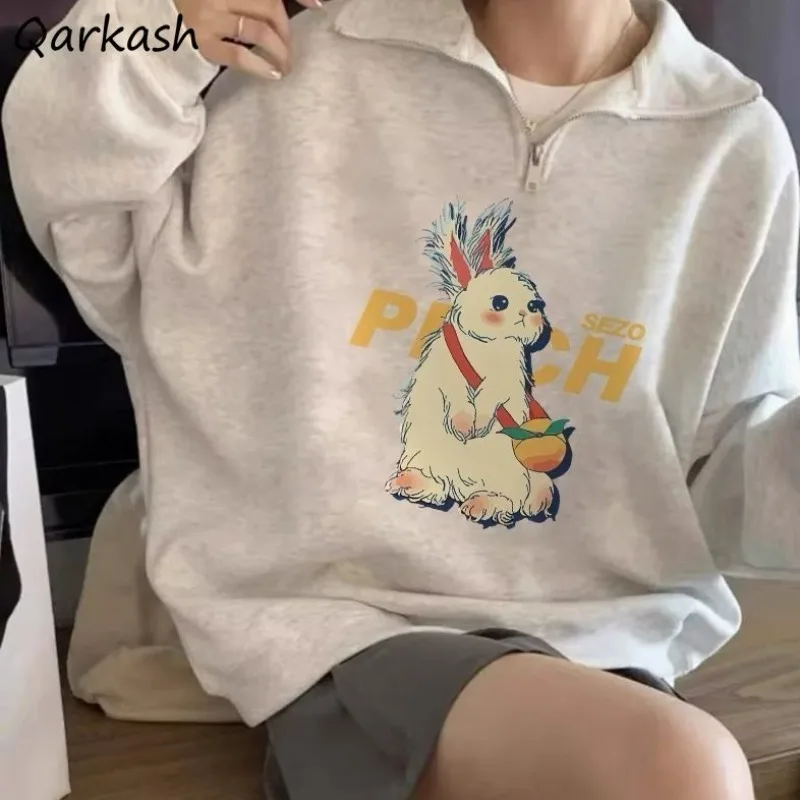 Chic Cartoon Rabbit Zipper Sweatshirts Women Fashion Simple Loose Leisure Soft Warm Tops Girls Young Sweet All-match Cool Ins BF