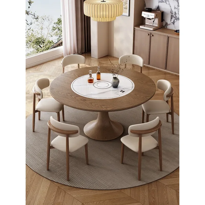 for Solid Wood Round Dining Table and Chairs 2025 New High End Inlaid Vegetable Board Rotating Disc Ash Wood Eating Table