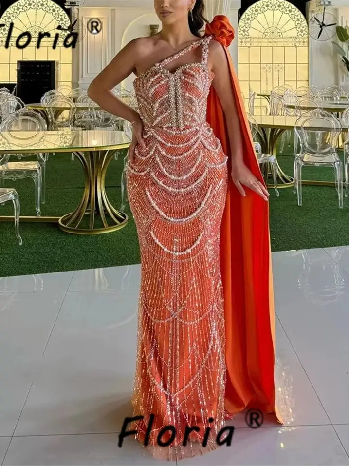 

Elegant Oragne Arabic Pearls Party Dress with Removable Cape Beaded Mermaid Evening Celebrity Occasion Dresses Robe de soiree