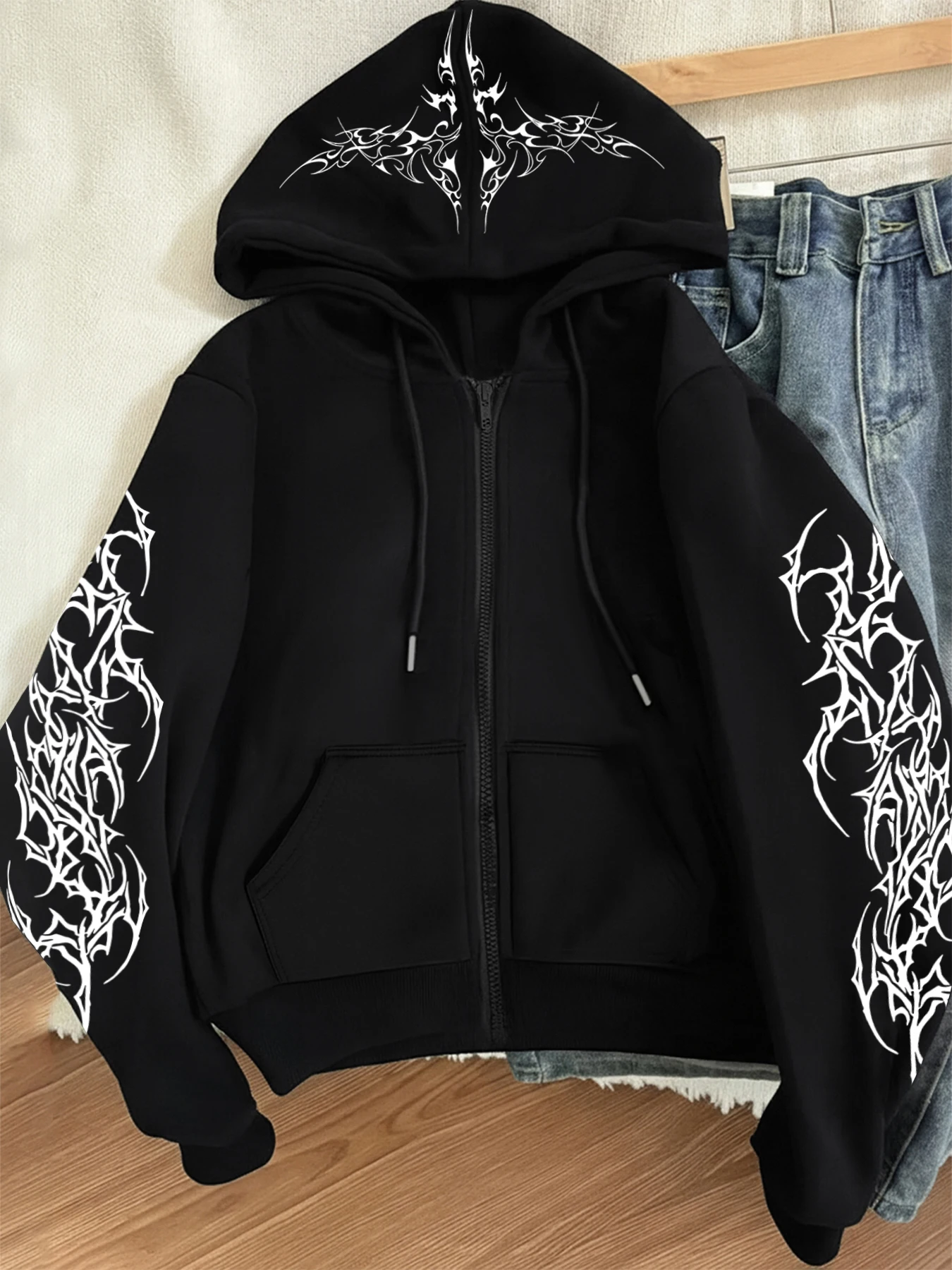 Winter Y2k Gothic print thick heavy velvet black hooded zipper jacket slim temperament women's jacket casual lazy commuter style