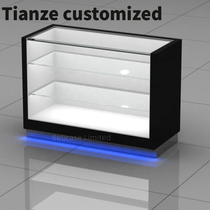 Customized-New Design Smoking Store Display Tempered Glass Shop Showcase with LED Light