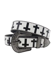 New black and white cross rhinestone printed belt Y2K personalized gothic trend PU leather belt