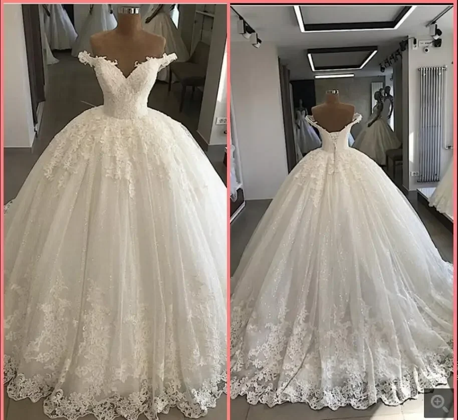 Vestido De boda personalizado, foto Real, vestidos De novia, vestido De baile con hombros descubiertos, cuello en V, vestido De novia princesa, Apliques De encaje con cuentas