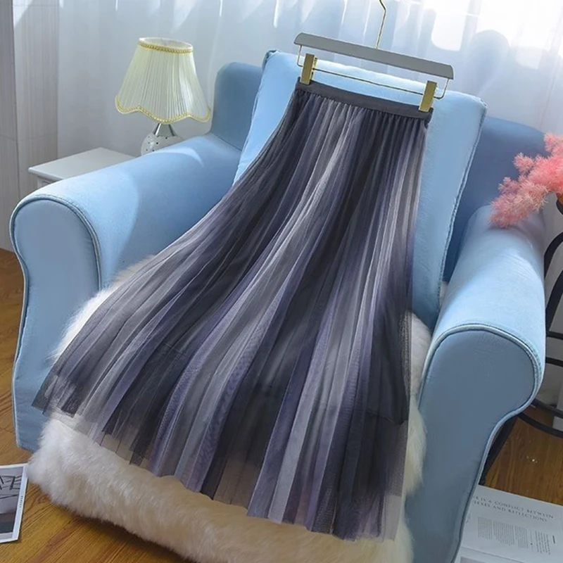 Gonne eleganti in Tulle gonna longuette A pieghe in rete sfumata A vita alta da donna gonna coreana elastica allentata Casual All Match A Line