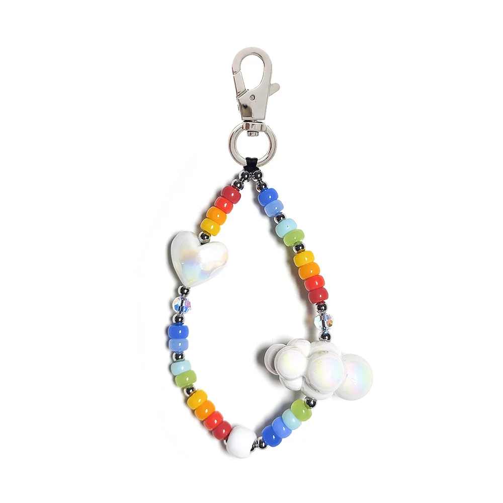 Bead Red Heart Keychain Y2K Cloud Colored Beads Key Chain Bag Phone Handmade Pendant For Women Girls Gift Korea Accessories