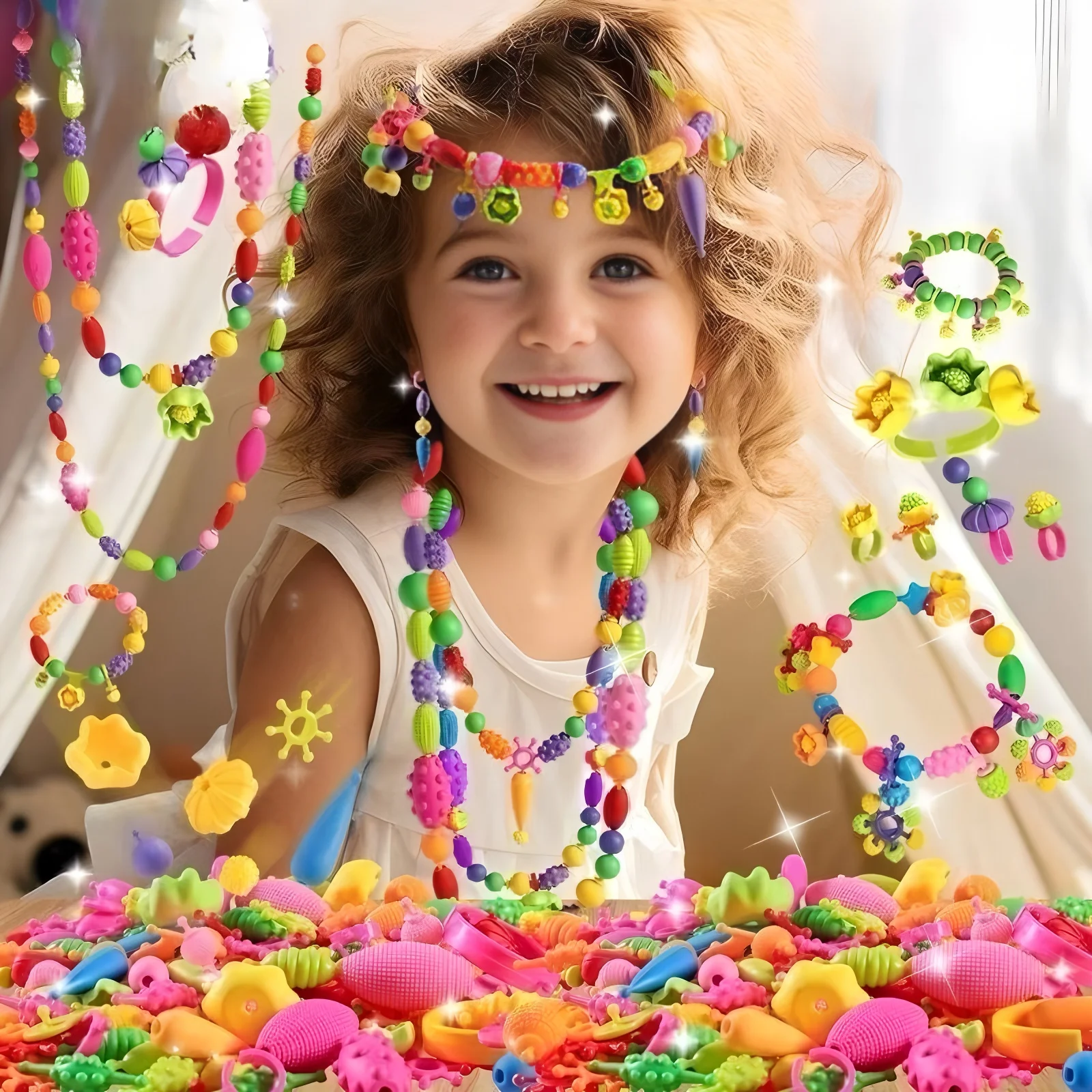 Zestaw do samodzielnego tworzenia biżuterii dla dziewczynek z koralików, kreatywny zestaw do robienia naszyjników, bransoletek i pierścionków DIY, idealny prezent na Boże Narodzenie i urodziny.