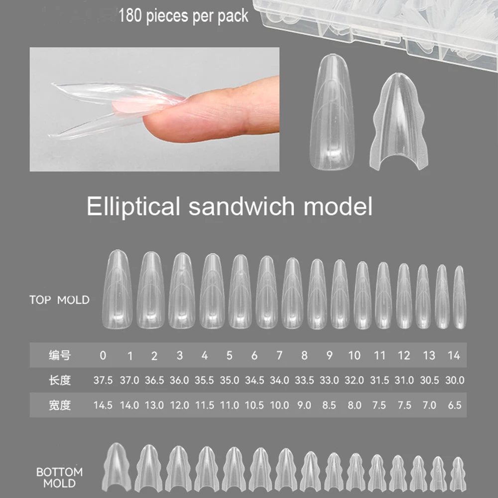 180 pçs sanduíche formas duplas de unhas 15 tamanho caixão amêndoa extensão de unhas formas duplas reutilizáveis formas inferiores superiores extensão da arte do prego
