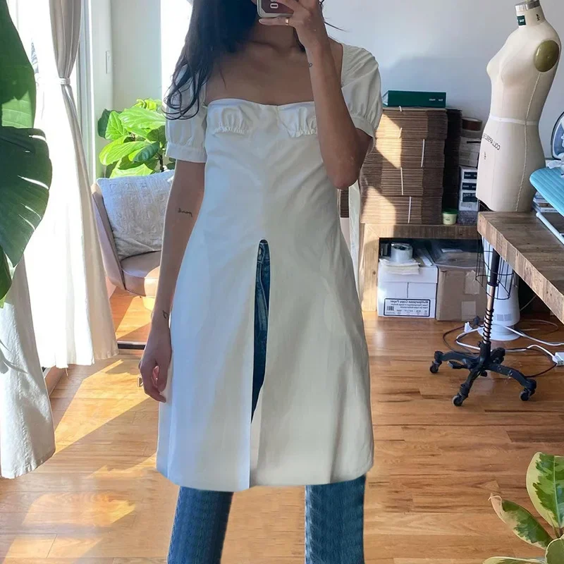 

Sexy White T-shirts for Women Summer Fashion Solid Color Square Collar Split Wrapped Chest Temperament Elagant Street Long Coat