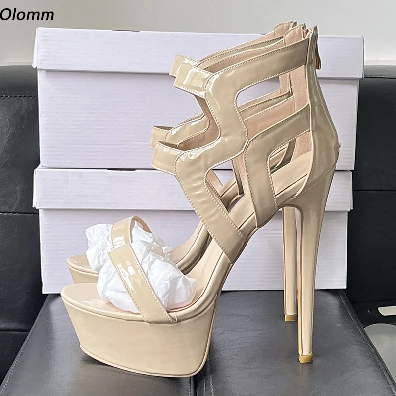 

Olomm Handmade Women Platform Sandals Patent Leather Sexy Stiletto Heels Peep Toe Elegant Nude Party Shoes Ladies Size 35 47 52