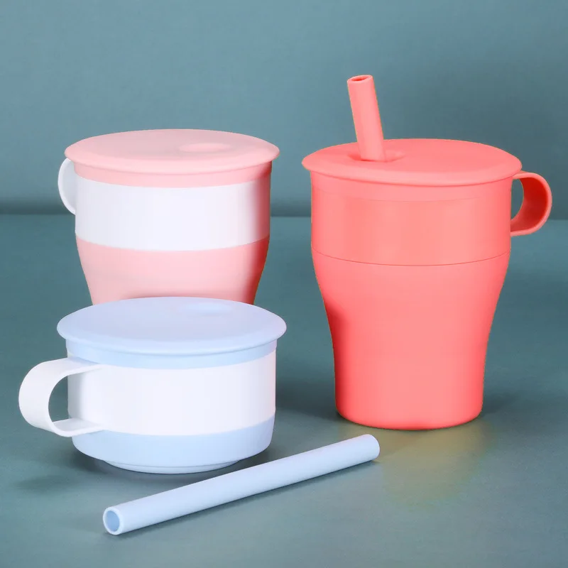 Collapsible Silica Gel Mug for Kids, Drinking Cup with Straw,  Outdoor Travel, Home Coffee Mug, Crash Proof