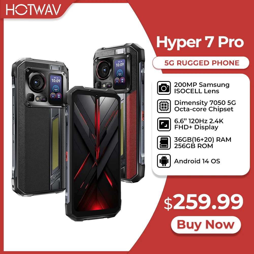 HOTWAV Hyper 7 Pro Wytrzymały telefon Dimensity 7050 5G 200MP Android 14 6.6'' FHD+ 120Hz Smartphone 36GB 256GB 10800mAh 33W Telefon komórkowy