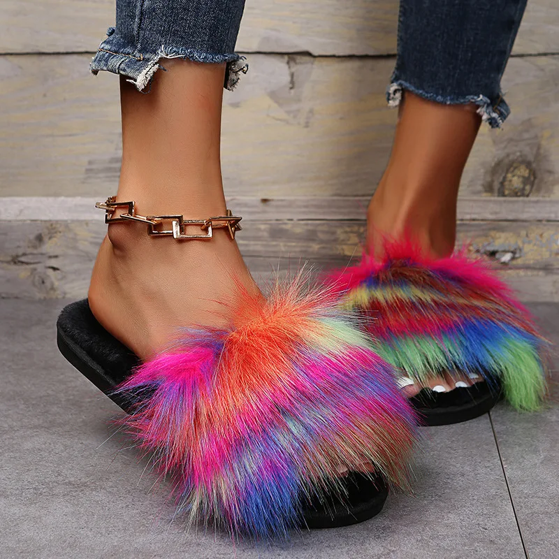 

Hot Sale New Mix Color Long Plush Slippers Women Fashion Colorful Flat Heels Soft Fur Slides Women Slip on Outdoor Slippers
