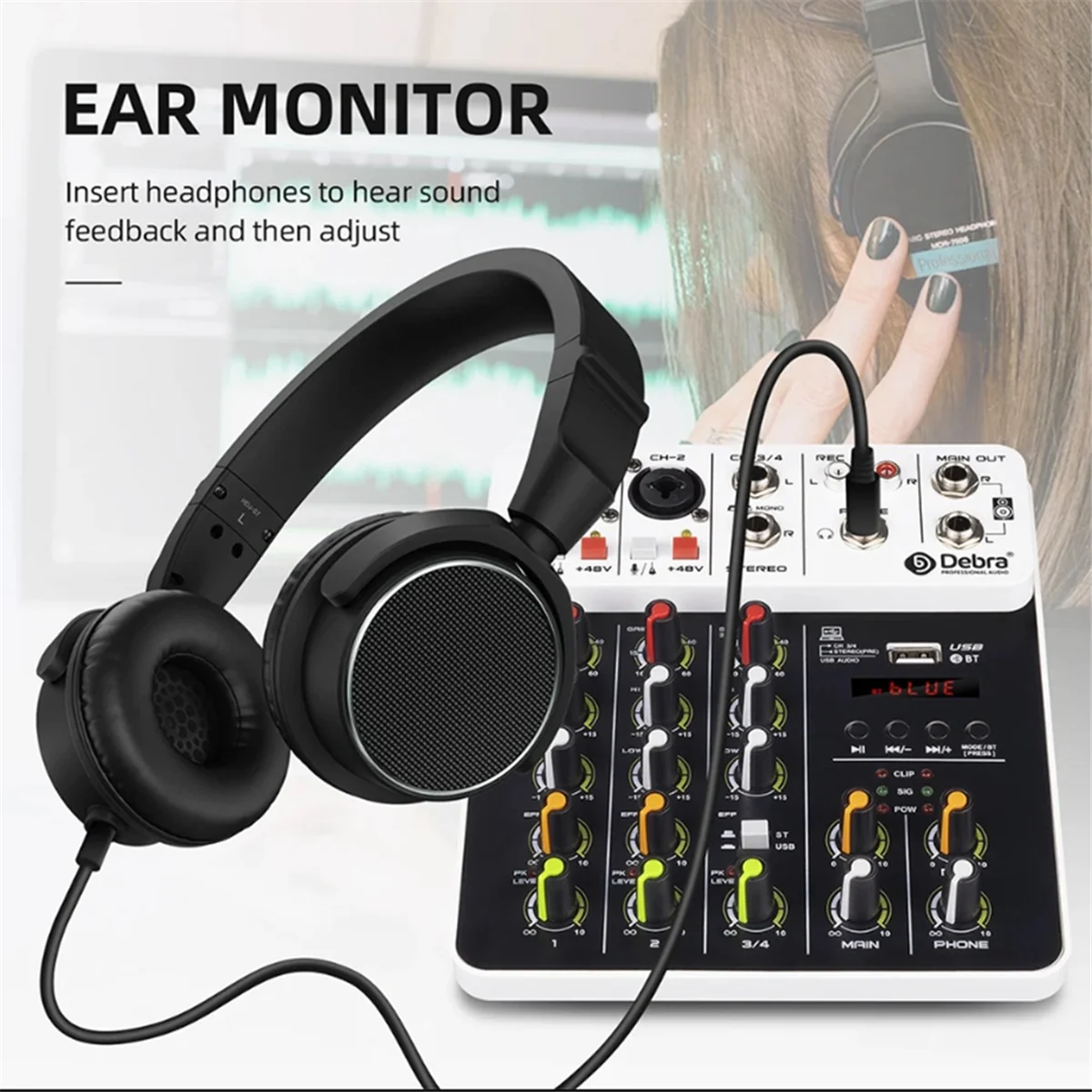 

AB20-Debra V4 Audio Interface Mixing Console Bluetooth USB Record PC 48V Phantom Power Delay 4 Channels USB Audio Mixer EU Plug