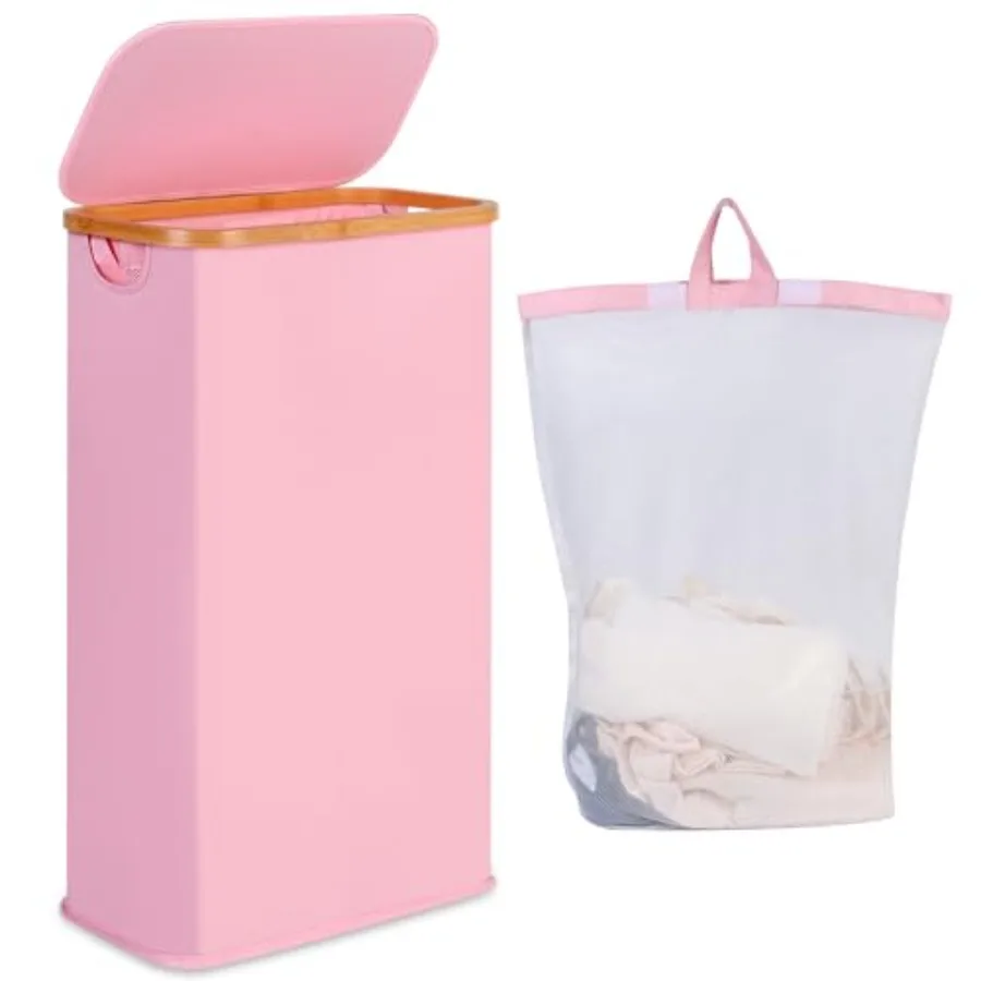 

Slim Laundry Hamper, Narrow Laundry Basket with Lid, Foldable Clothes Hamper with Bamboo Handles, Hamper Basket with Removable