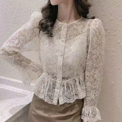 2022 Spring Summer New Fashion French Puff Sleeve Lace Shirt Round Neck Long Sleeve Cutout Blouse Korean Style Solid Mesh Shirt