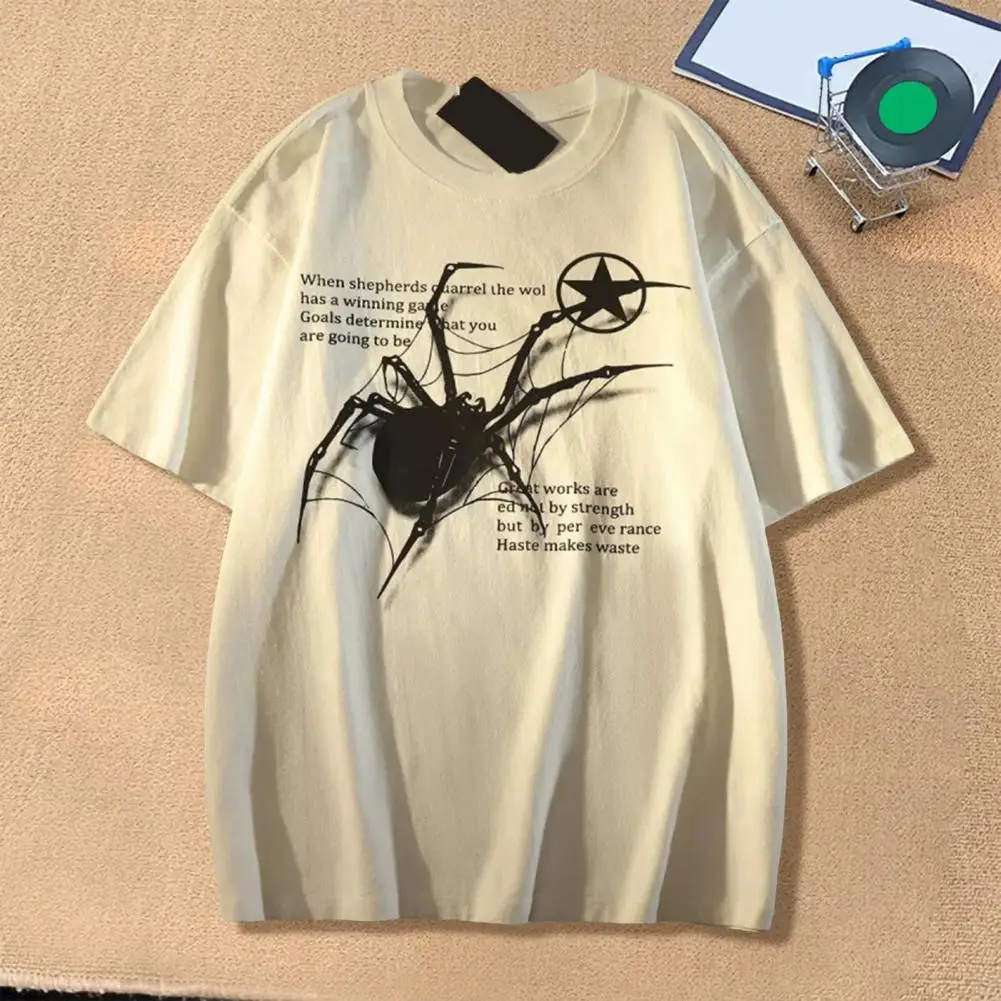 Men Summer T-shirt 3D Spider Print Round Neck Loose Short Sleeves Cotton Pullover Mid Length Casual Daily Top