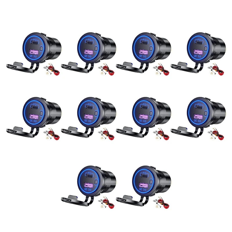 10X PD Type C USB Car Charger And QC 3.0 Quick Charger 12V Power Outlet Socket With ON/Off Switch,Blue