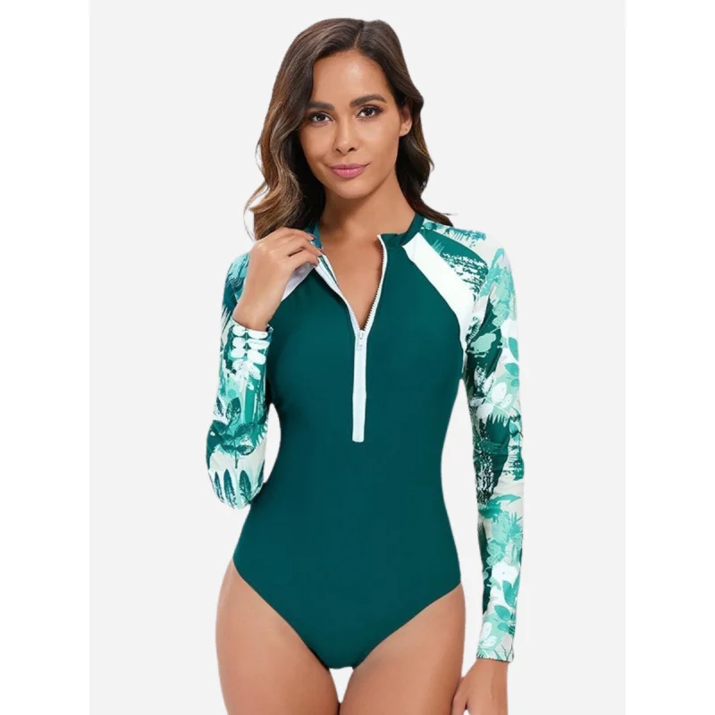 원피스 여성 래쉬가드 수영복 긴팔 UPF 50+ 수영복 컬러 블록 수영복 플로럴 프린트 비치웨어