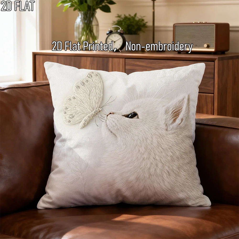 1pc Vintage Cream White Cat and Butterfly Decorative Throw Pillow Cover for Living Room Bedroom Sofa