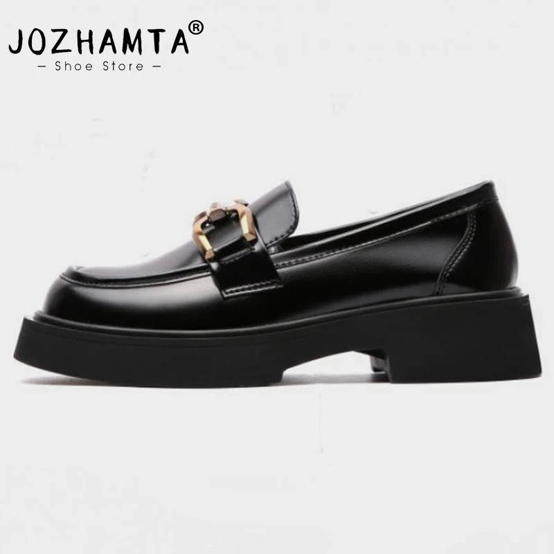 JOZHAMTA Size 34-40 Women Platform Shoes Real Leather Fashion Chunky Loafers Low Heels Shoes For Women Casual Daily Lady Dress