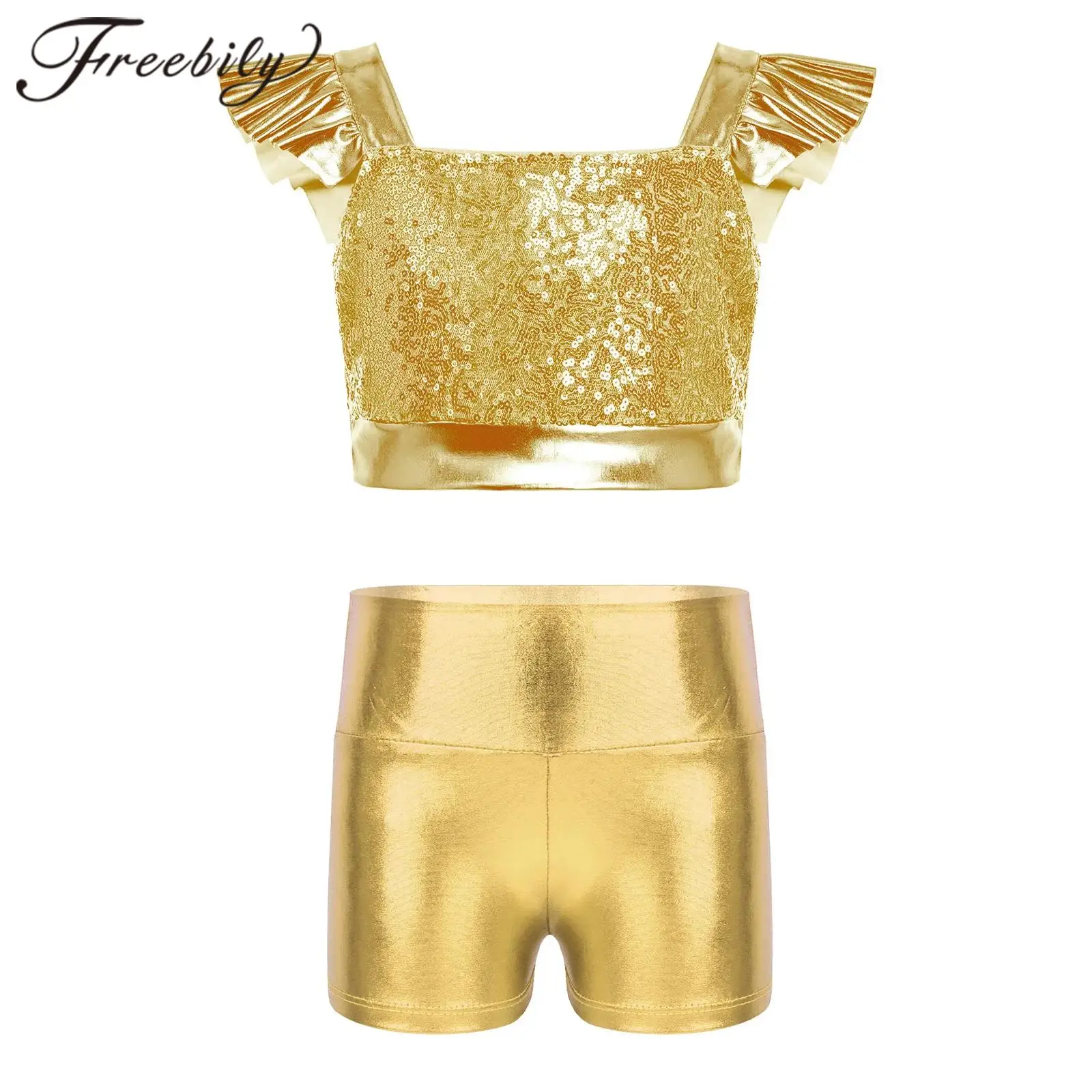

Kids Girls Sparkling Hip Hop Clothes Children Metallic Disco Costumes Jazz Latin Dance Outfit Sequin Cha Cha Performance Costume