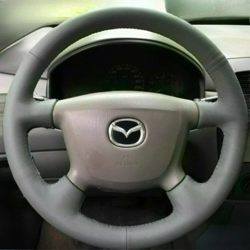 

Hand Stitched renovation wear-resistant black leather car Steering wheel cover for Mazda 323 Premacy FAMILY Happin Car Interior