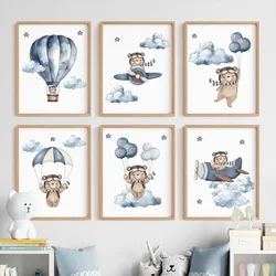 Boho Bear Aircraft Hot Air Balloon Cloud Nursery Posters Wall Art Print Canvas Painting Baby Kids Room Home Decoration Picture