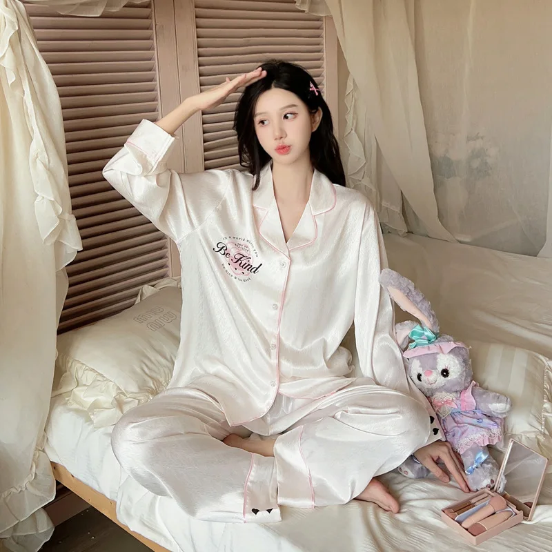 

Fashionable Noble Sweet Ice Silk Pajamas Female Letter Printed Comfortable Herringbone Elegant High Quality Pyjamas Sets Pj