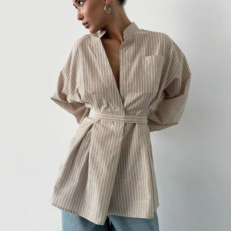 

Women's Fashion 2026 Spring New Casual Striped Shirt V-Neck Relaxed Simple Versatile Long-Sleeve Tie-Up Top