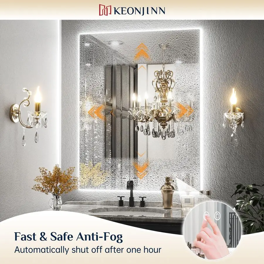 Espejo retroiluminado LED de 24 x 32 pulgadas, espejo de tocador de baño iluminado 3 colores blanco natural cálido, luces de alto lumen, amplificador antivaho Dimm