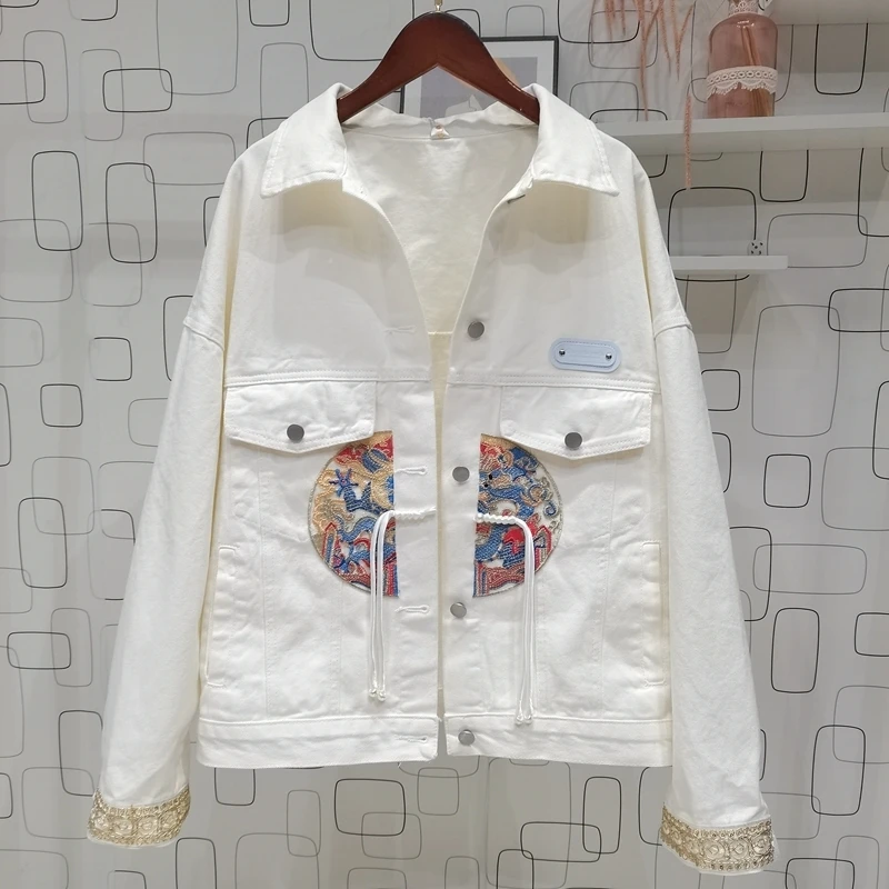 Vintage Hook Flower Embroidery White Short Jeans Jacket Spring Women Loose Casual Lapel Long Sleeve Denim Jacket Coat Streetwear