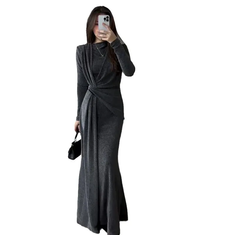새로운 라운드넥 주름 허리끈 슬림 단색 우아한 화이트 긴팔 드레스 여성 우아한 패션 롱 가운