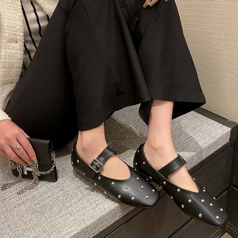 

French Style Retro Square Toe Shallow Shoes Metal Rivet Rhinestone Flats Casual Large Size Single Buckle Mary Women Loafers