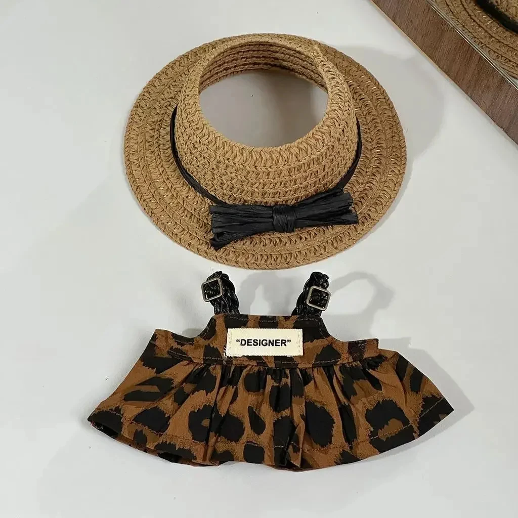 Roupas de boneca para 15/17cm labubu i ii iii mini boneca ídolo de pelúcia estampa de leopardo saia chapéu de palha sapatos acessórios de decoração presente