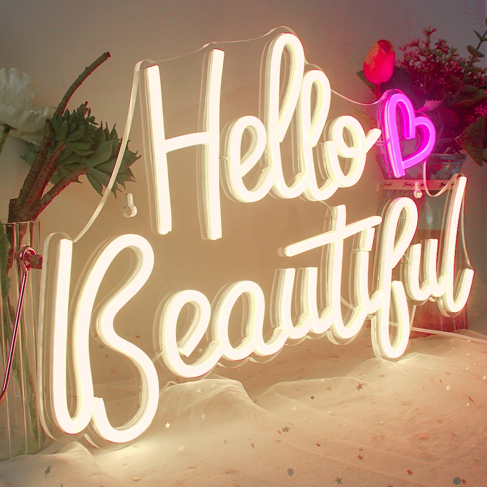 Hello Beautiul неоновая вывеска, теплый белый светодиод, неоновая лампа для украшения стен, светодиодные неоновые вывески с питанием от USB для украшения свадьбы, дня рождения, вечеринки