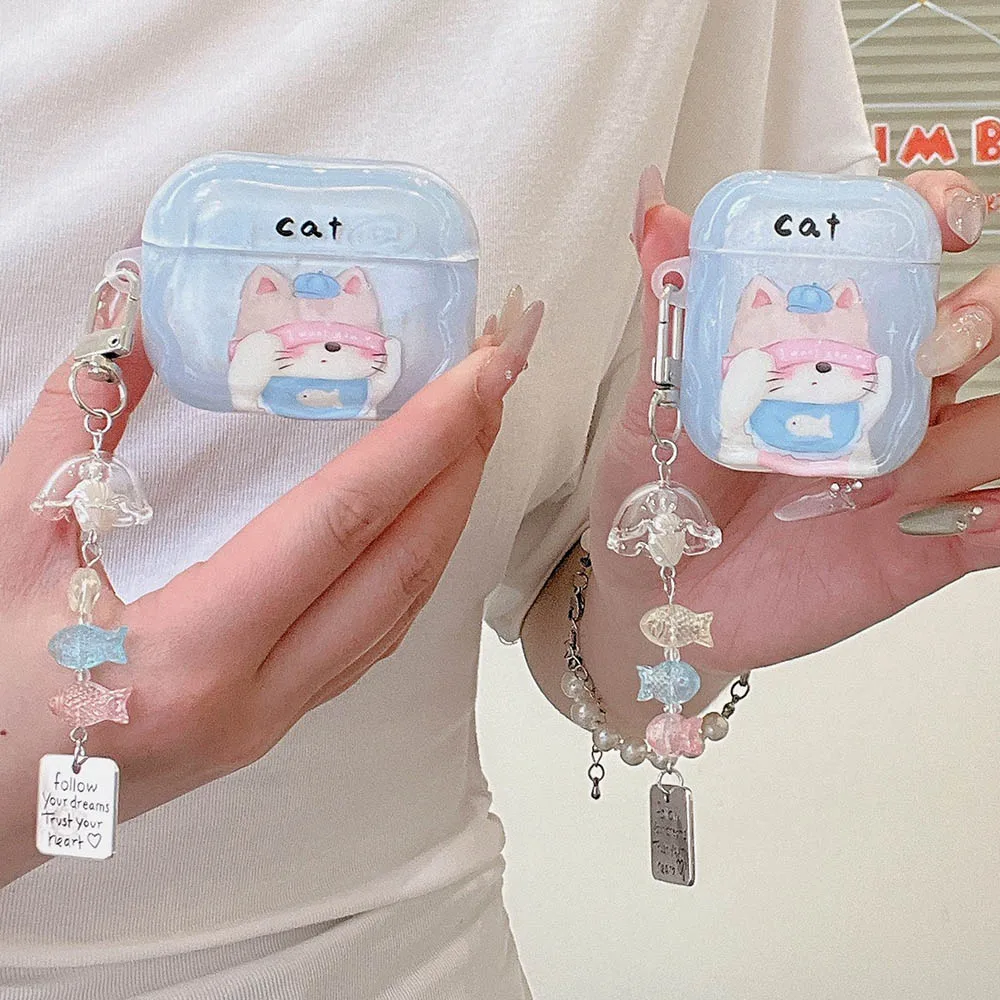 Милый нагрудник с повязкой на глаза, защитный чехол для кошки для AirPods 4 3 2 1 Pro Airpod Pro2, чехол для наушников, коробка для наушников с подвеской в виде колокольчиков