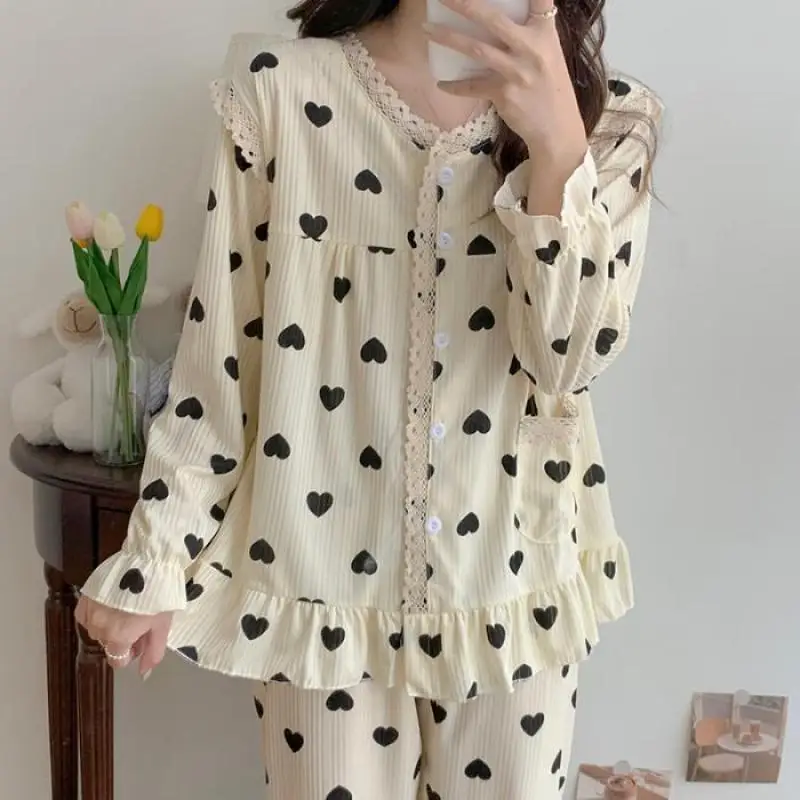 Floral Women Pajamas Sets Korean Sleepwear 2 Piece Female Pyjama Lady Loungewear Long Sleeve Top Pants Pijama Cute Nightwear Pjs