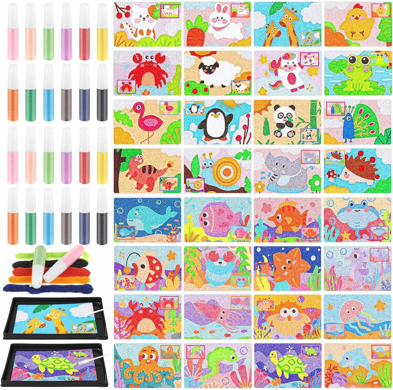 58 Pcs Kids Sand Art Kit with 12 Colors, Painting Boards & Trays for DIY Crafts and Gifts