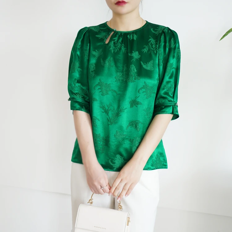 

Шелковый топ с геометрическим узором, круглым вырезом и короткими рукавами в китайском национальном стиле, женский, премиум-класса, с рукавами-фонариками, длина до локтя.