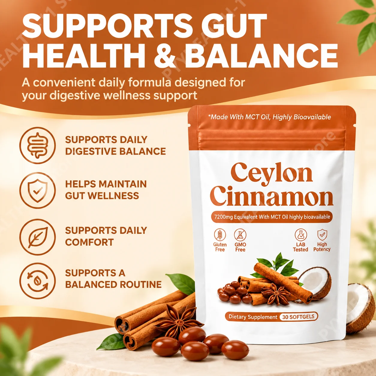 Ceylon Cinnamon Extract Softgels 600mg MCT Oil 7200mg Equivalent Blood Sugar Metabolism Antioxidant Support Supplement 30Count